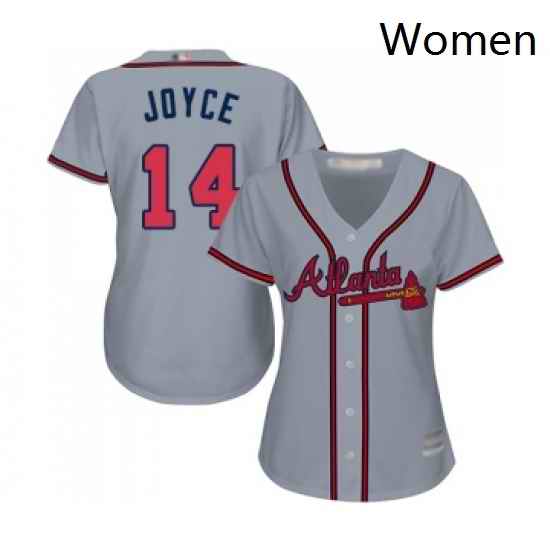 Womens Atlanta Braves 14 Matt Joyce Replica Grey Road Cool Base Baseball Jersey